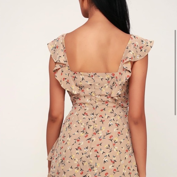 J.O.A. Beige Floral Mini Dress Ruched Tan - Picture 5 of 13